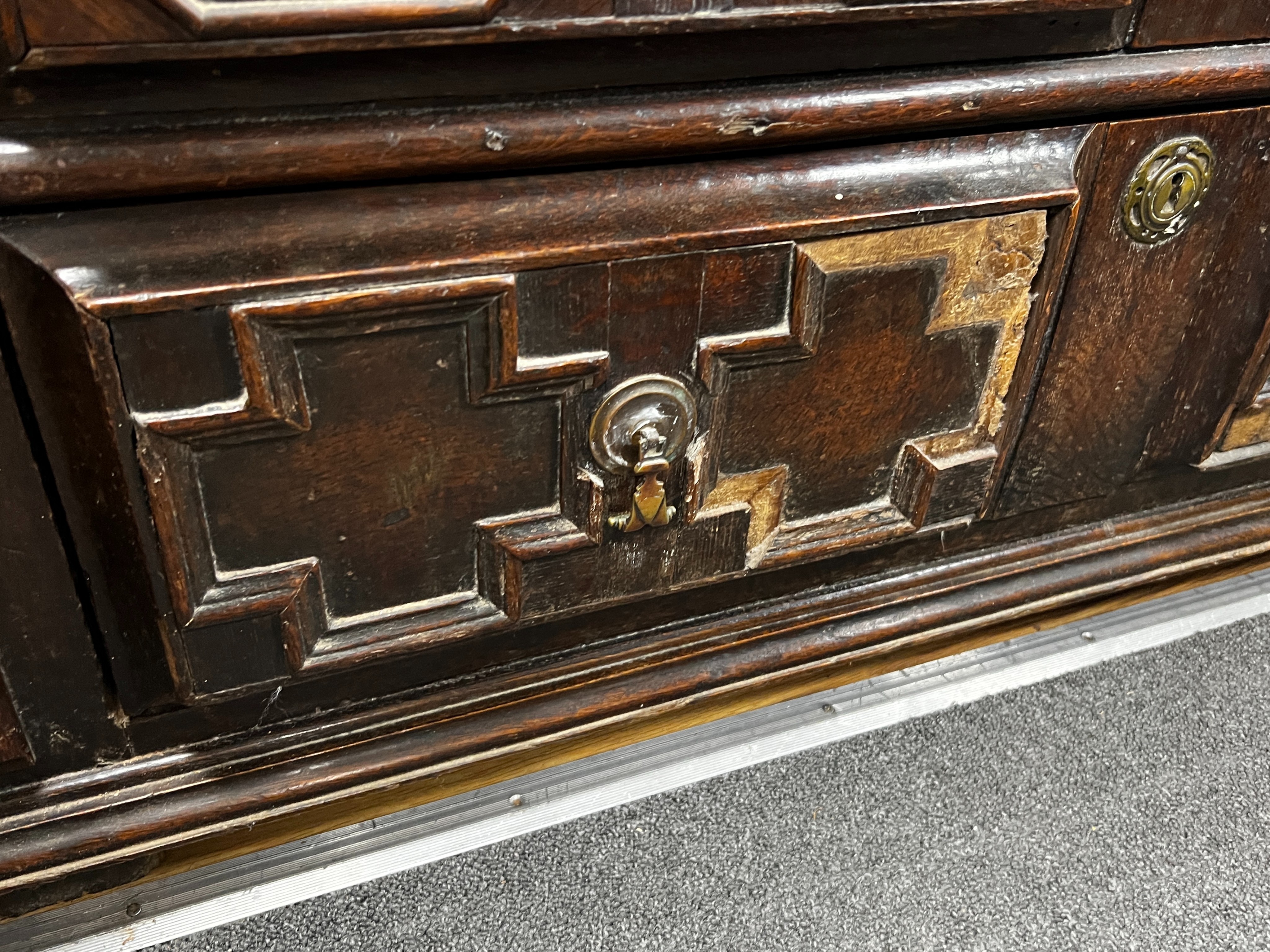 A 17th century oak chest of drawers, length 111cm, depth 58cm, height 103cm